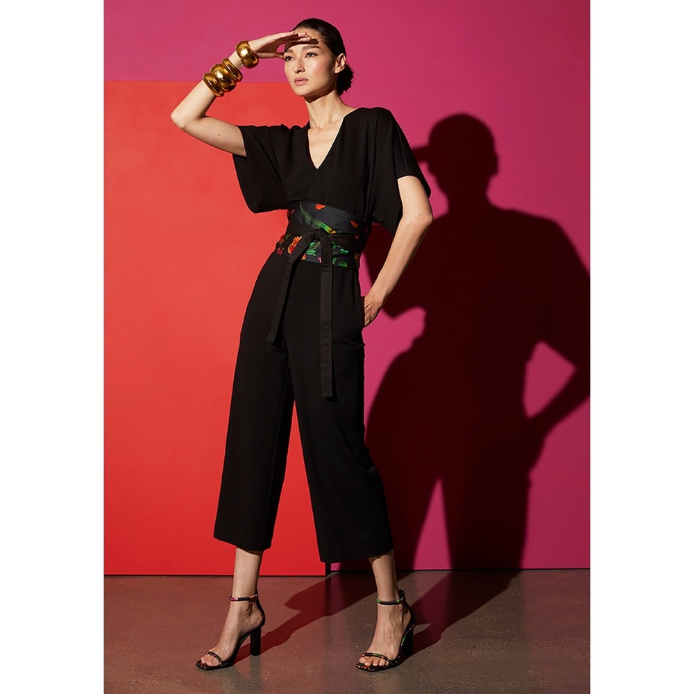NATORI Black Light Weight Ponte Kimono V-Neck Women’s Large Jumpsuit NWT